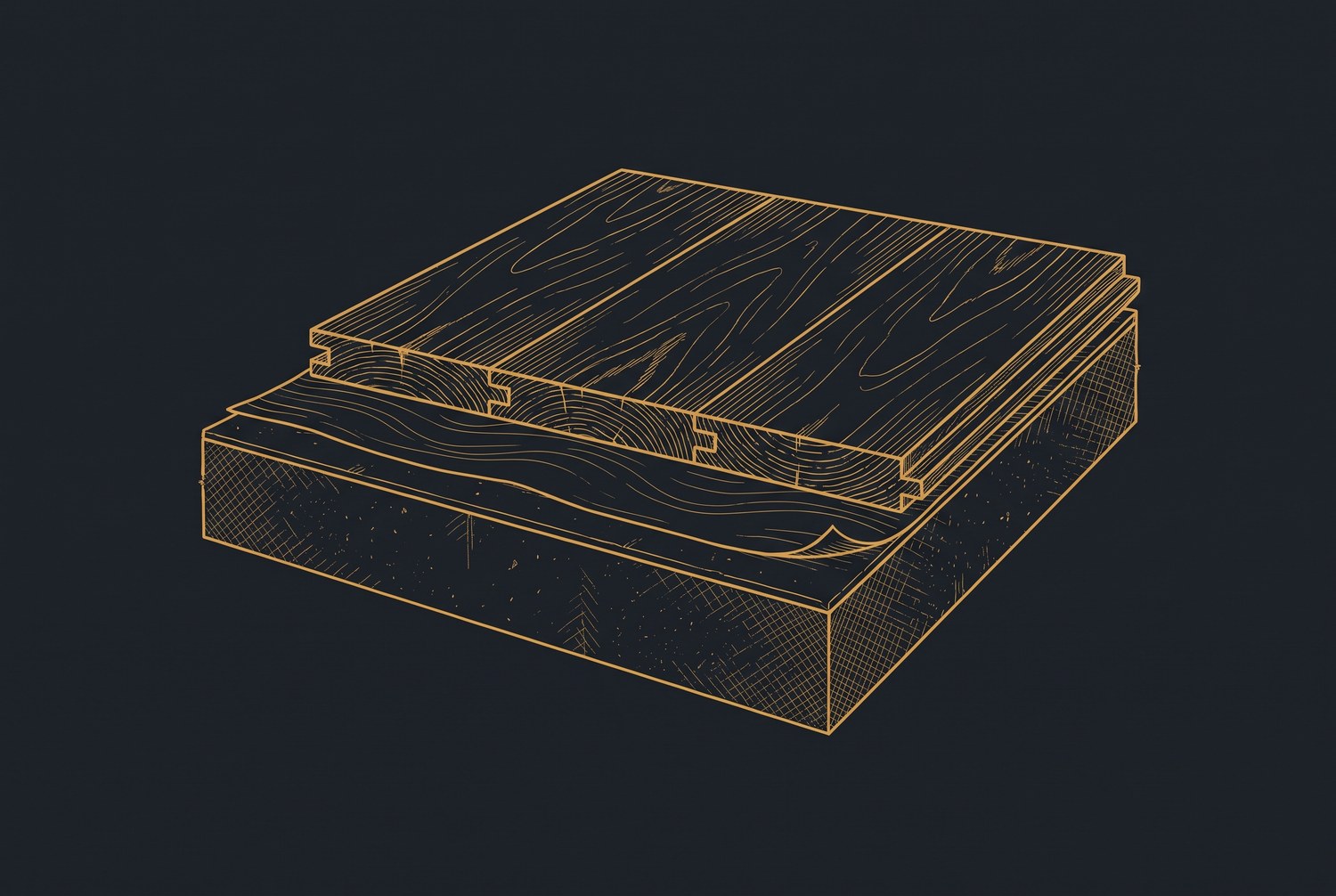 Cutaway drawing of a floor build-up: slab, underlayment and interlocking planks