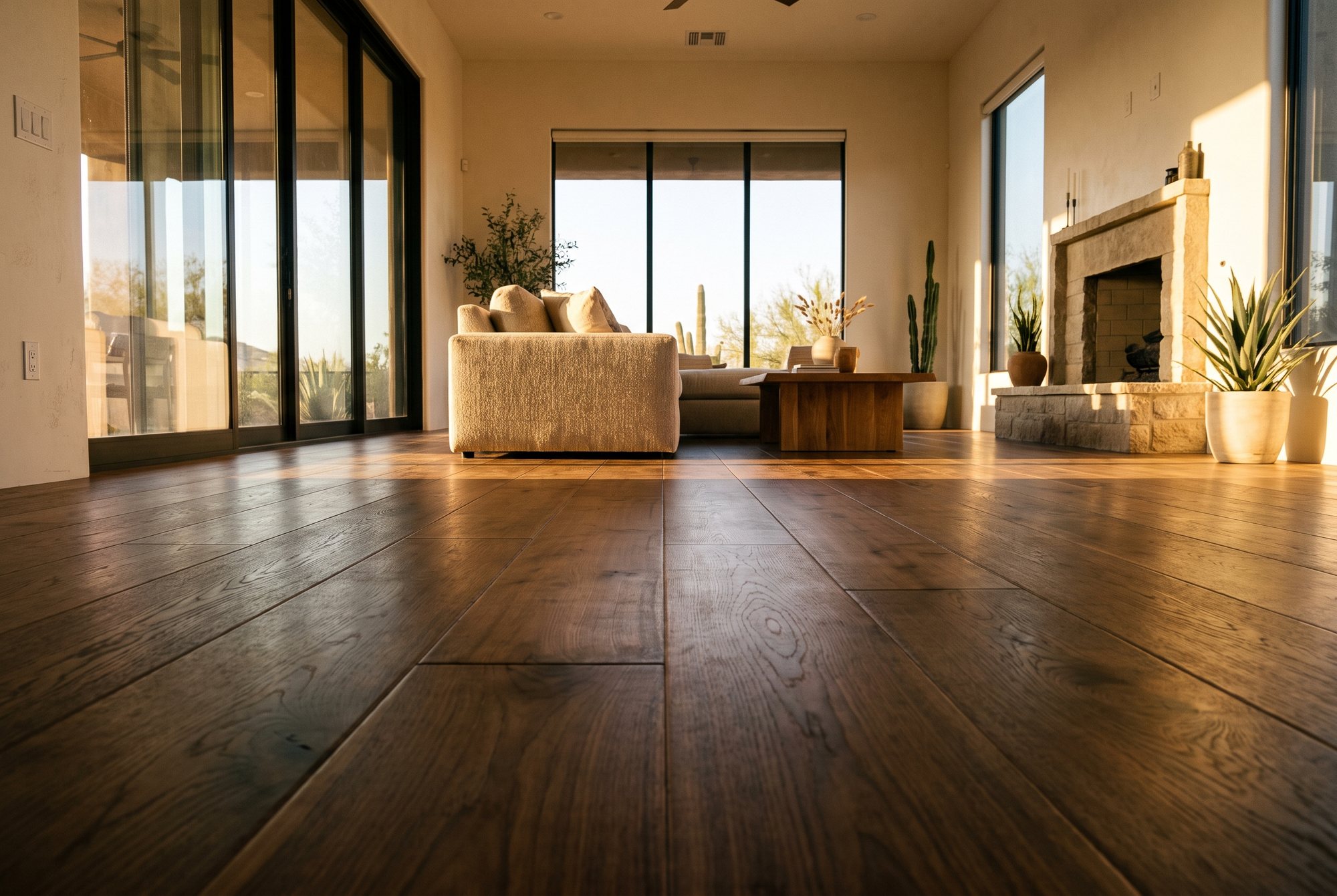 Wide plank white oak flooring installed in a Phoenix living room