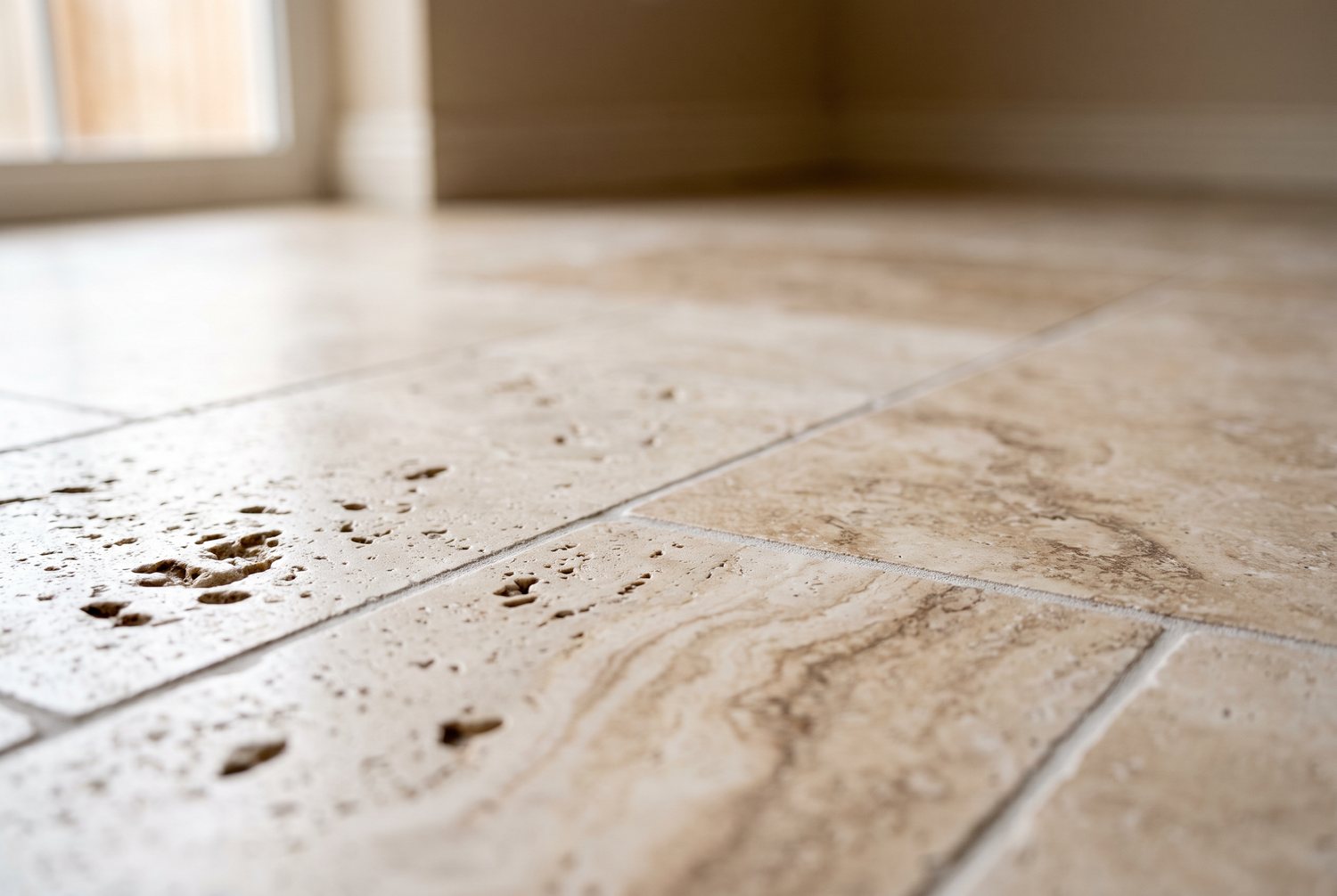 Honed travertine floor tile detail